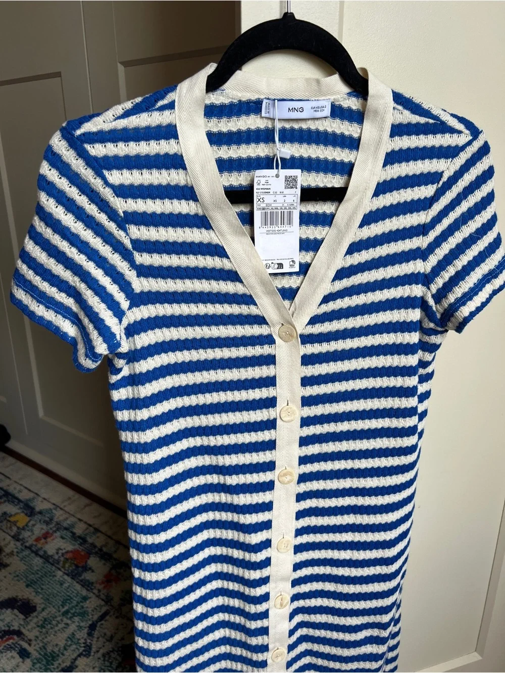 Mango Blue and White Striped Short Sleeve Button-Front Midi Dress Women’s xs - Picture 5 of 8